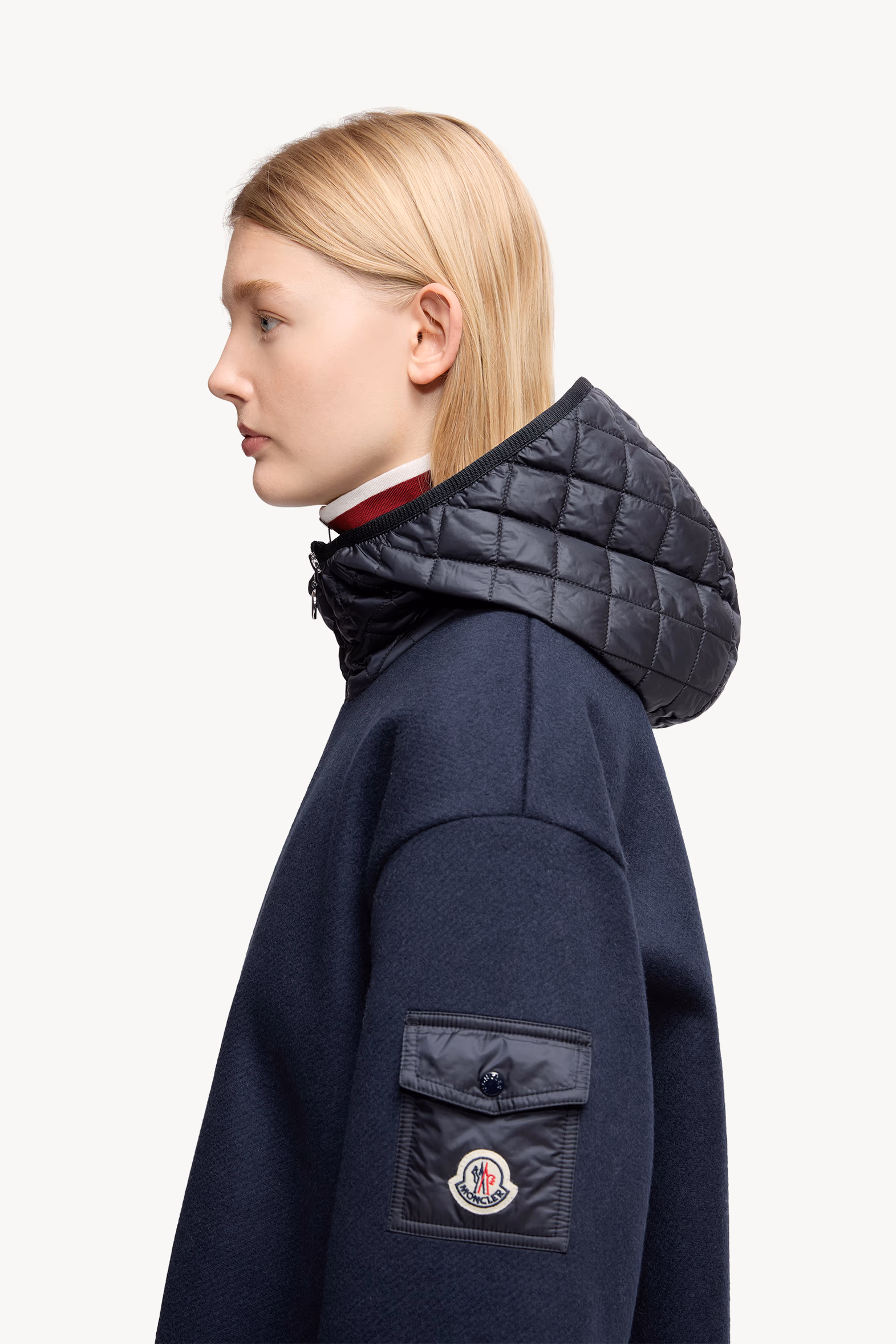 Wool Hooded Zip-Up Cape Women Dark Blue Moncler 4